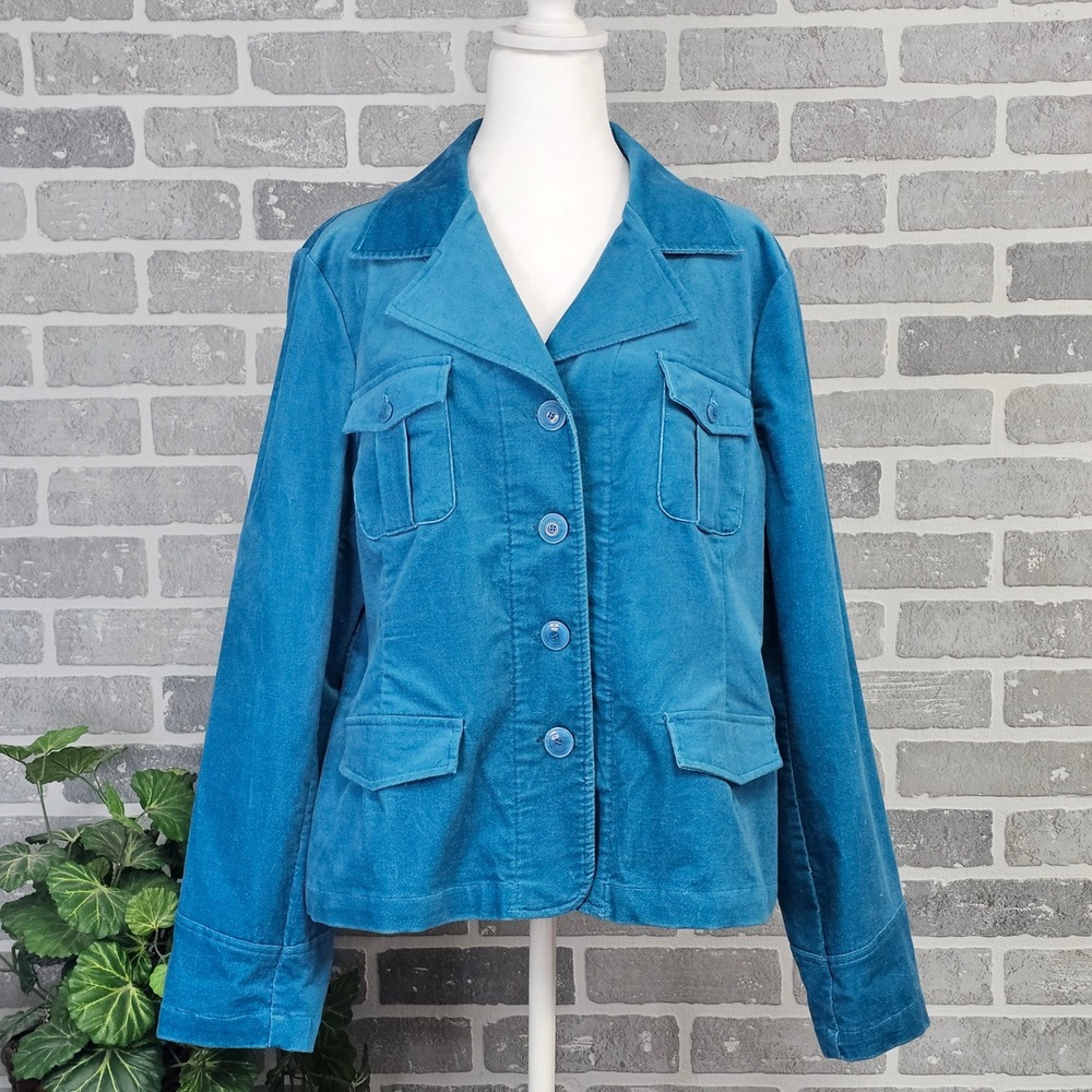 Tribal Velour Jacket Turquoise‎ Blue Women's 16 Button Front Blazer Pockets
